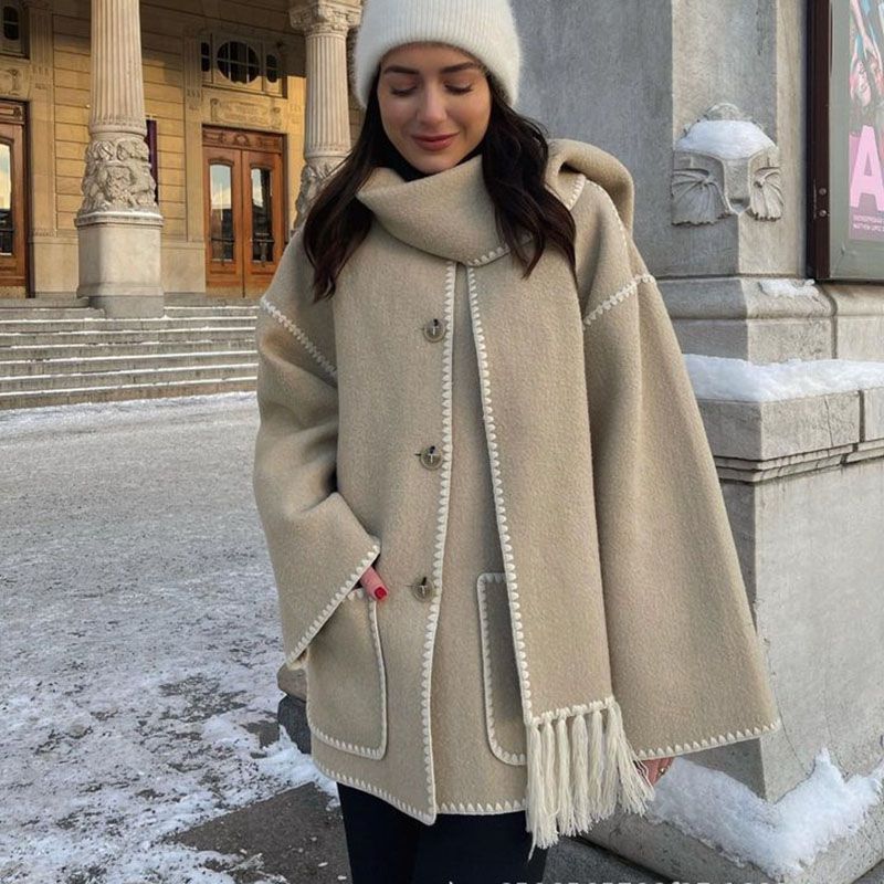Draped Fringed Tassel Wool Blend Scarf Jacket R412