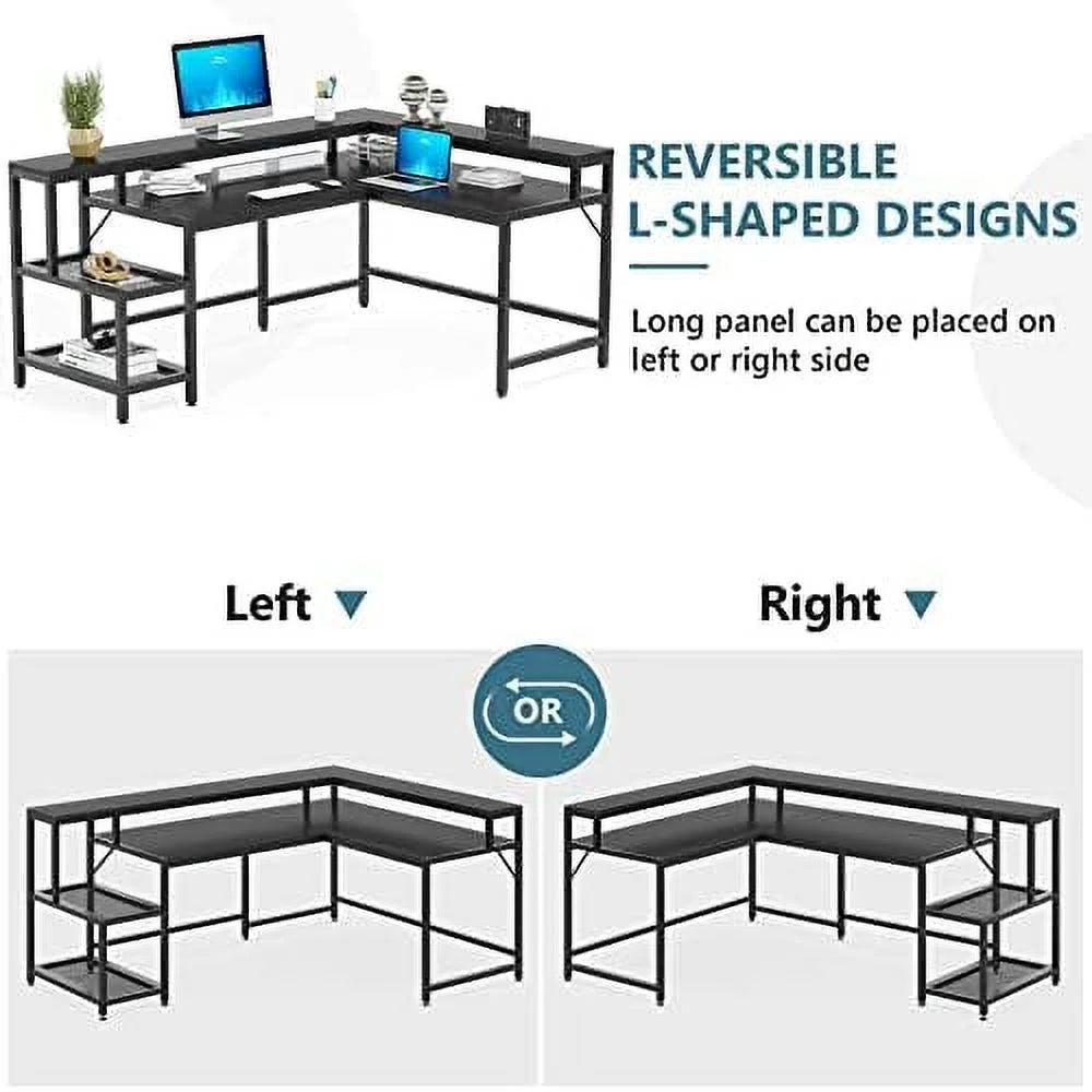 69 Inch L Shaped Desk with Monitor Stand Black H902
