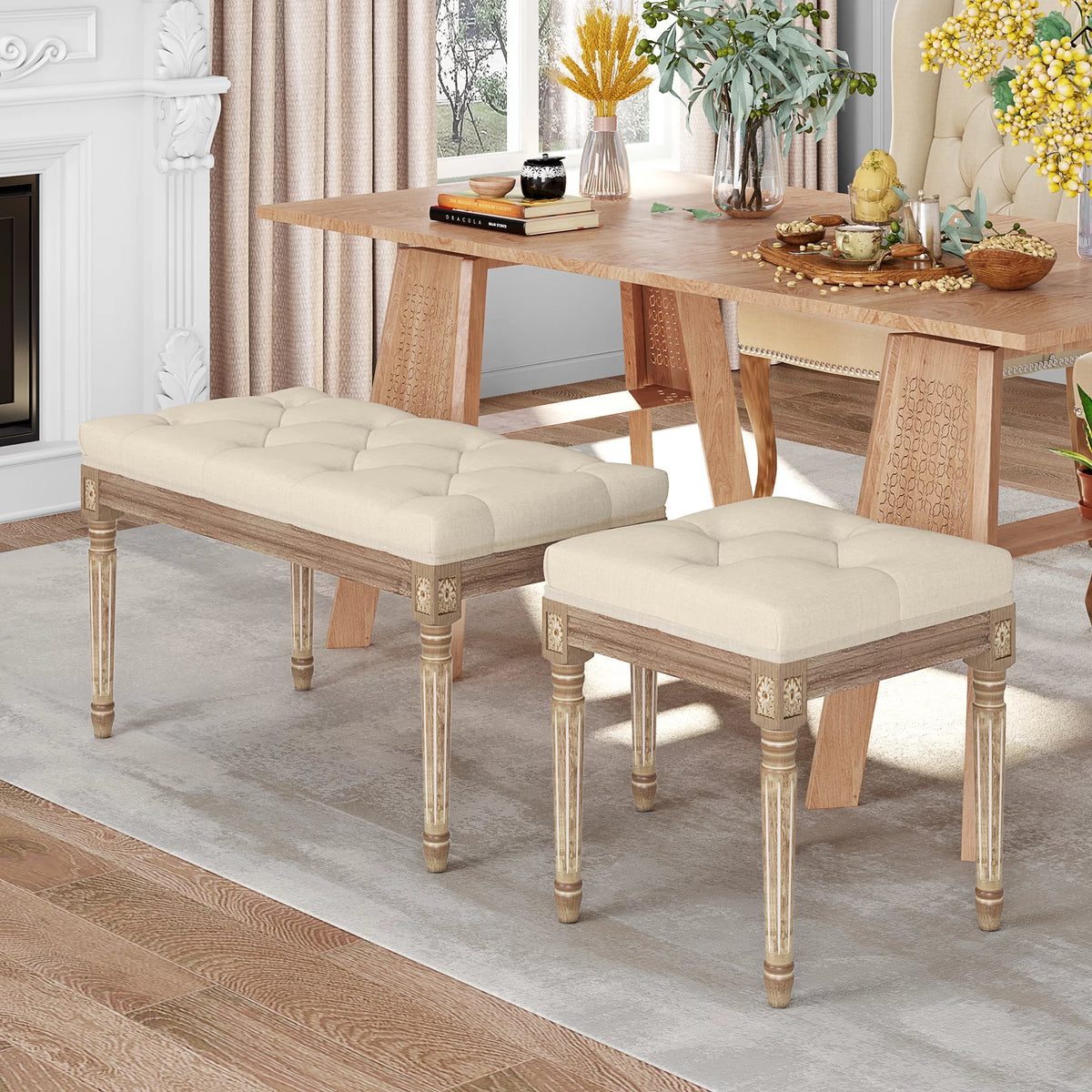 Beige Upholstered Bench with Carved Wood Legs O7666
