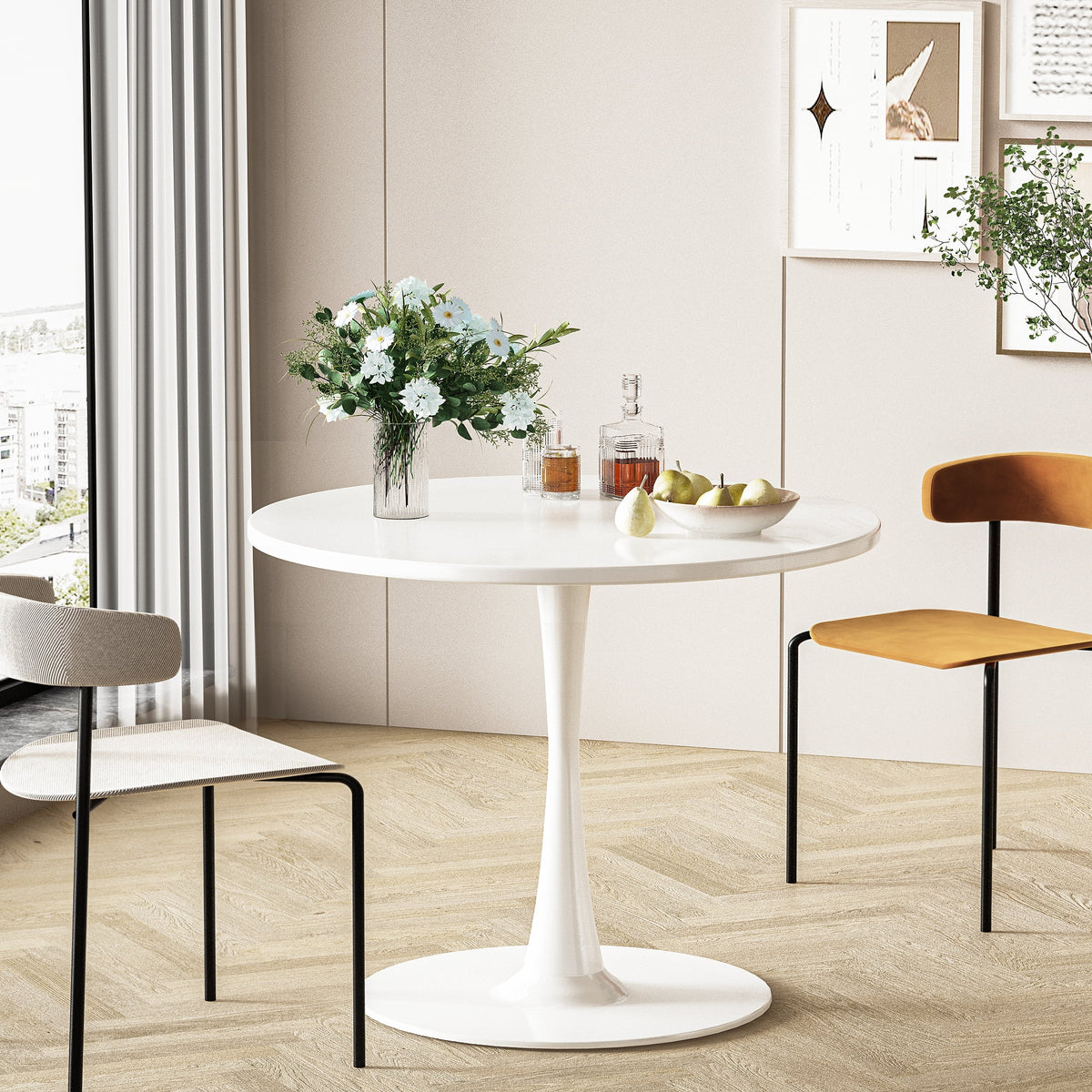 White 31 inch Round Dining Table with Metal Base Y672470
