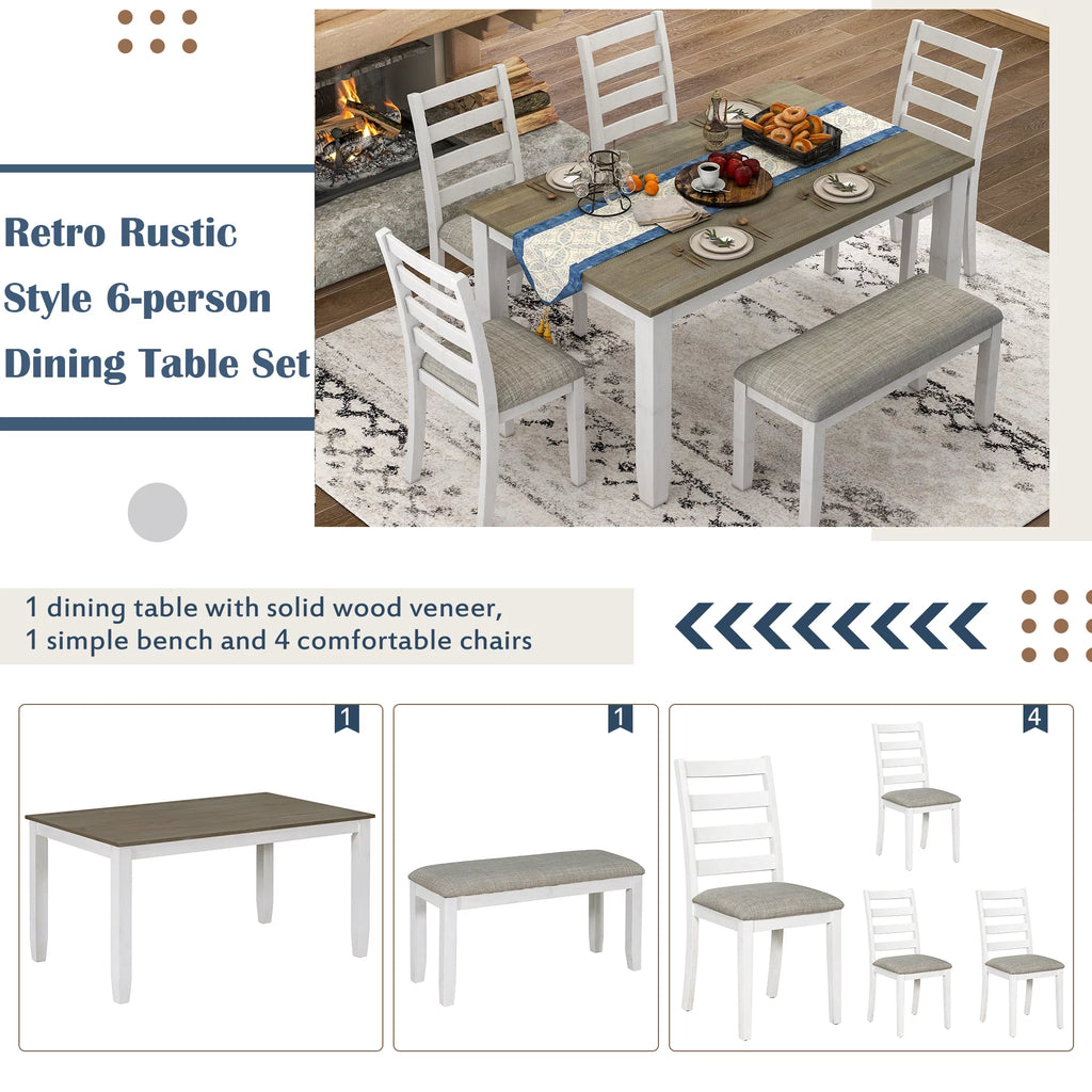 6-Piece Dining Table Set with 4 Upholstered Chairs and Bench J134