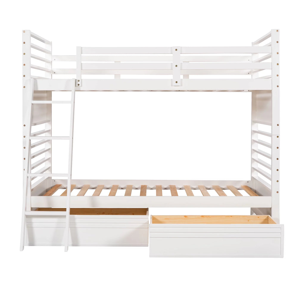 Wood Twin over Twin Bunk Bed with 2 Drawers White R405097