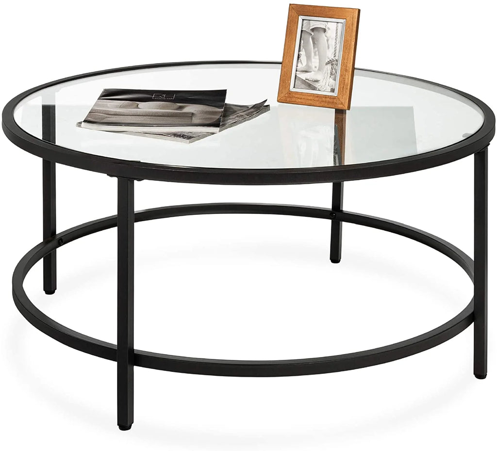 36in Round Tempered Glass Coffee Table with Metal Frame N983482