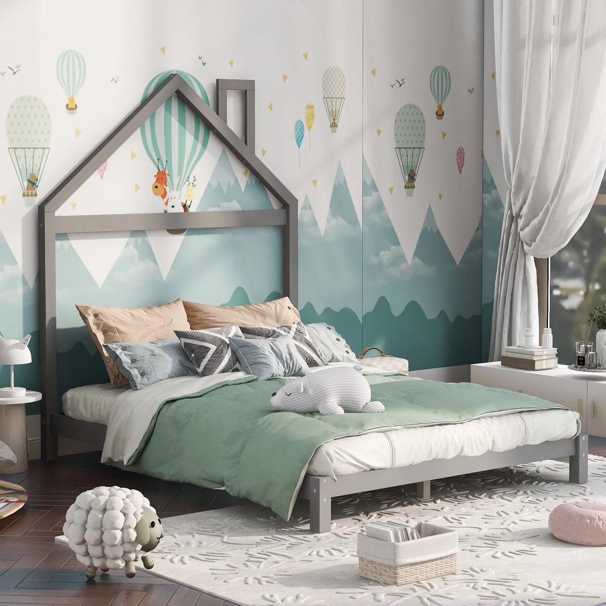 Full Size Gray Wood Platform Bed with House-shaped Headboard S68304