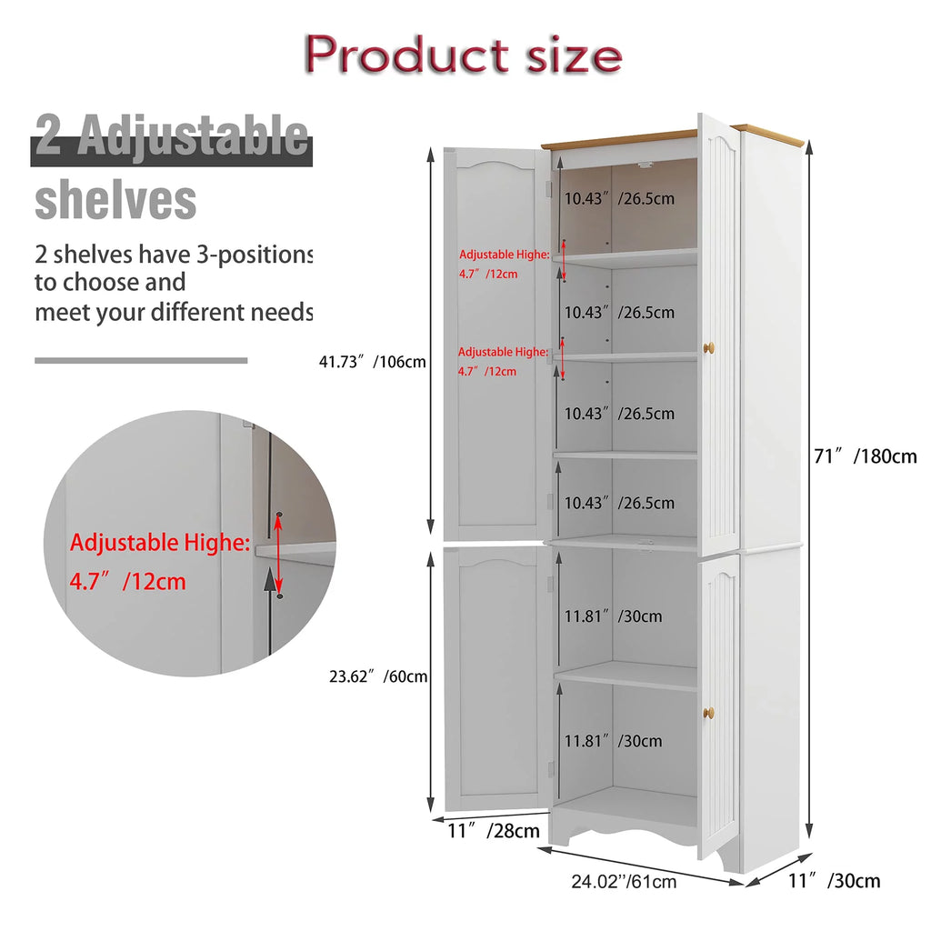 White 72'' Tall 4 Door Wooden Kitchen Pantry Cabinet U889