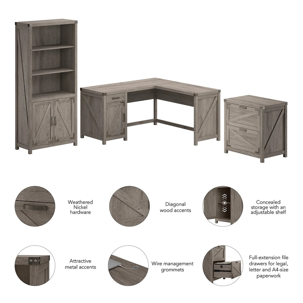L Shaped Desk with File Cabinet and Bookcase S24747