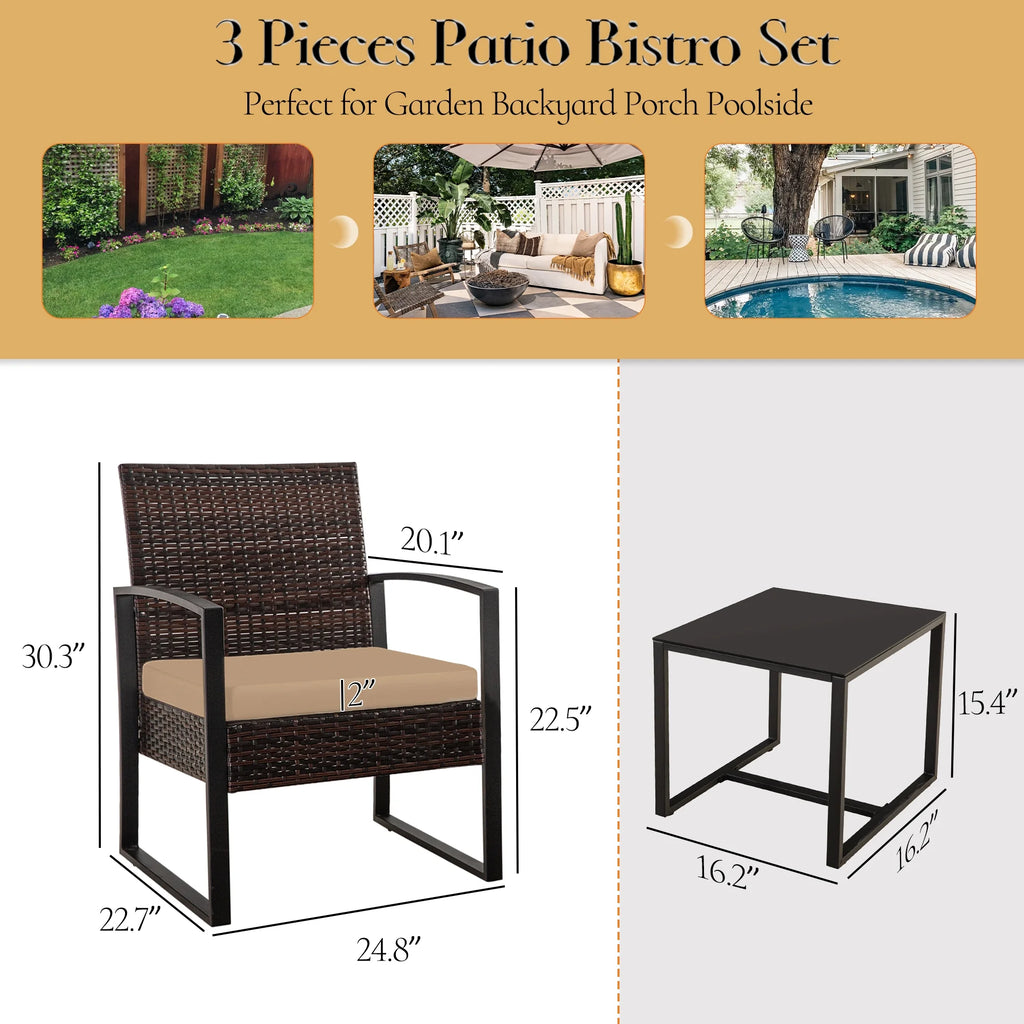 3 Pieces Wicker Patio Furniture Set with Glass Coffee Table T6025