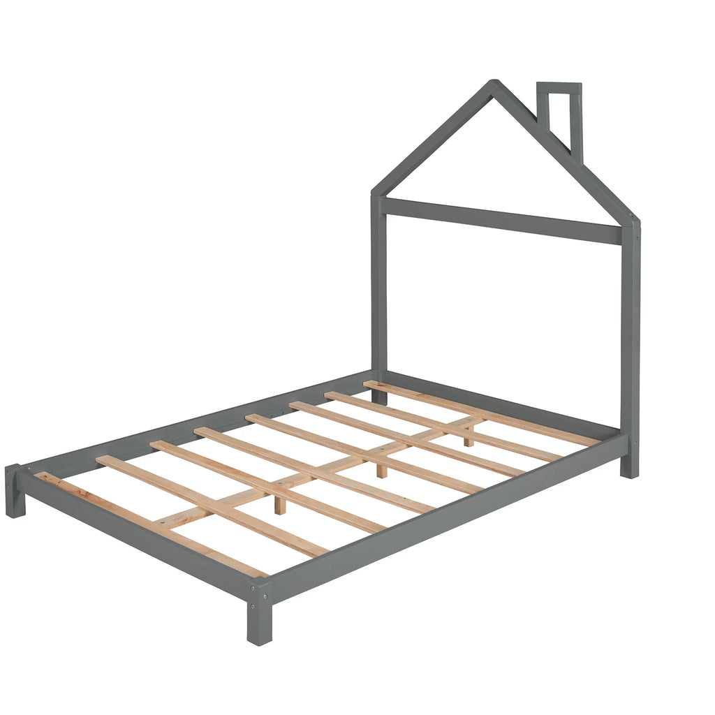 Full Size Gray Wood Platform Bed with House-shaped Headboard S68304