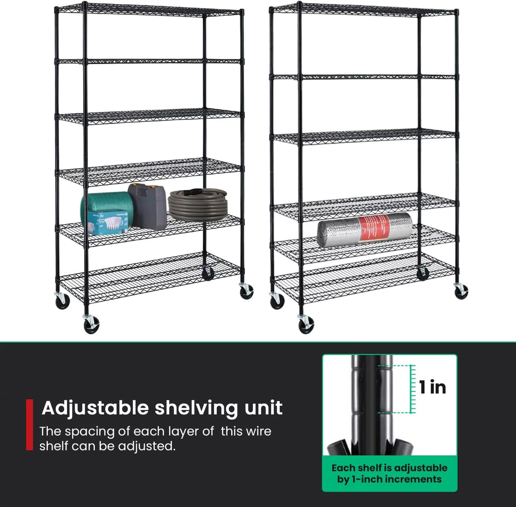 6000LBS Capacity 6 Tier Metal Shelves with Wheels, Black E8308