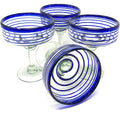 Set of 4 Hand Blown Margarita Glasses 16 oz Blue Spiral Design I253132