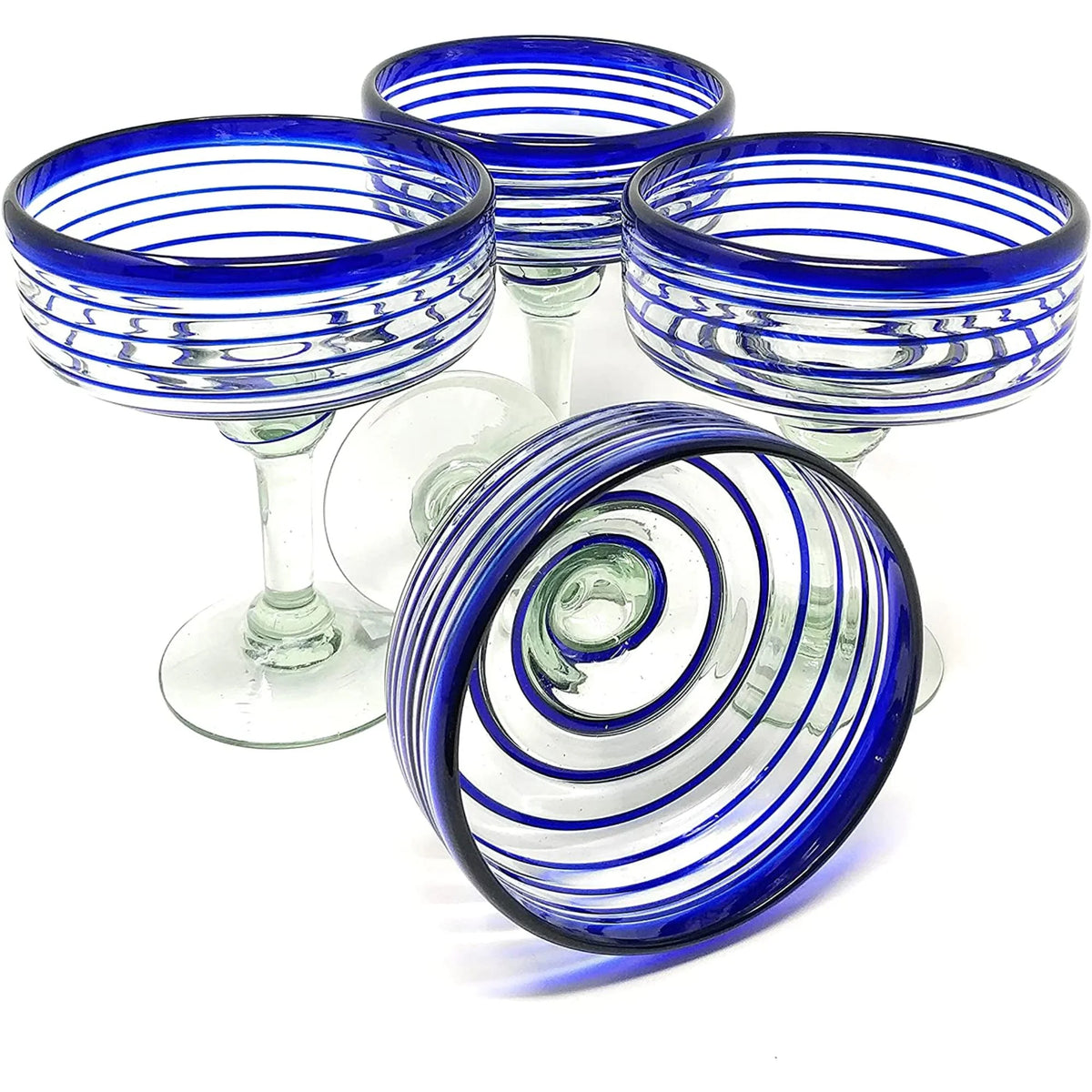 Set of 4 Hand Blown Margarita Glasses 16 oz Blue Spiral Design I253132