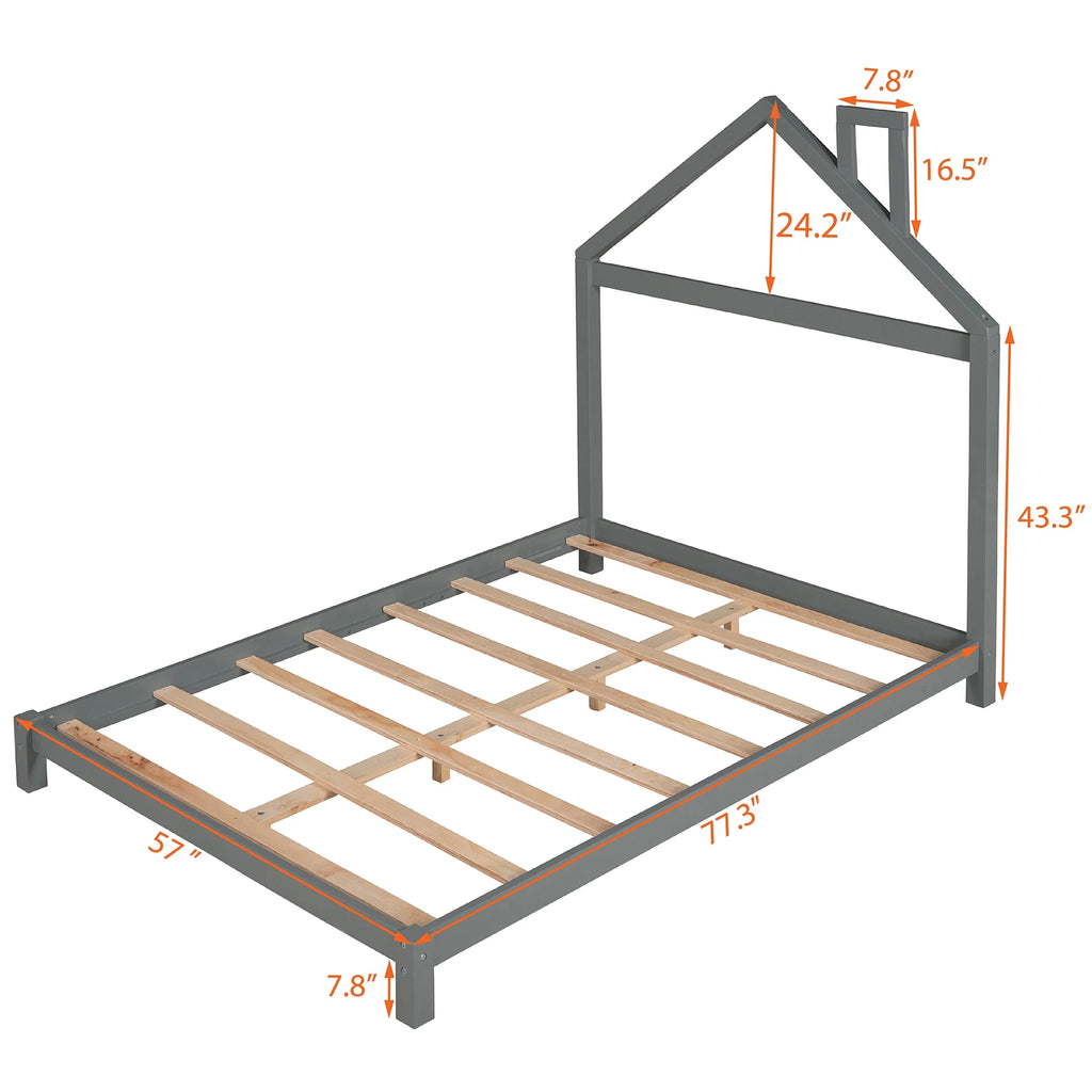 Full Size Gray Wood Platform Bed with House-shaped Headboard S68304