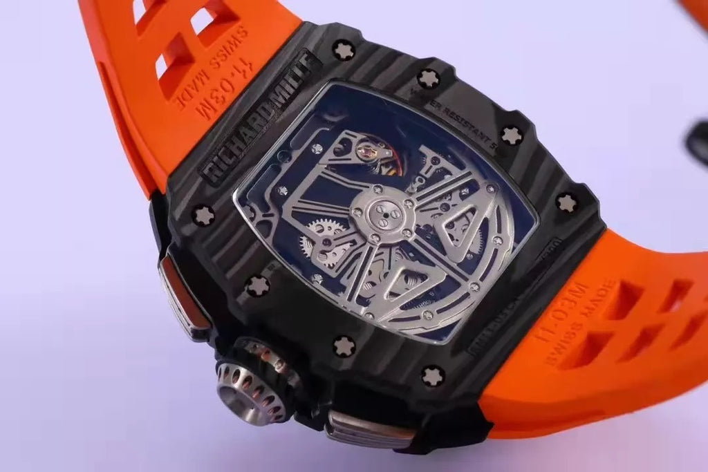 Skeleton Dial Black Bezel Orange Rubber Strap R82308