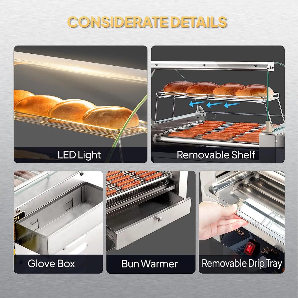 2000W 11 Rollers Hot Dog Roller Grill Cooker Machine with Bun Warmer A6394