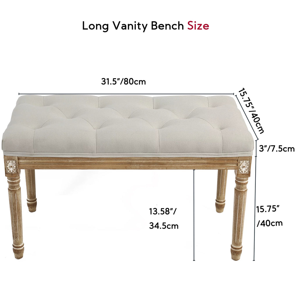 Beige Upholstered Bench with Carved Wood Legs O7666