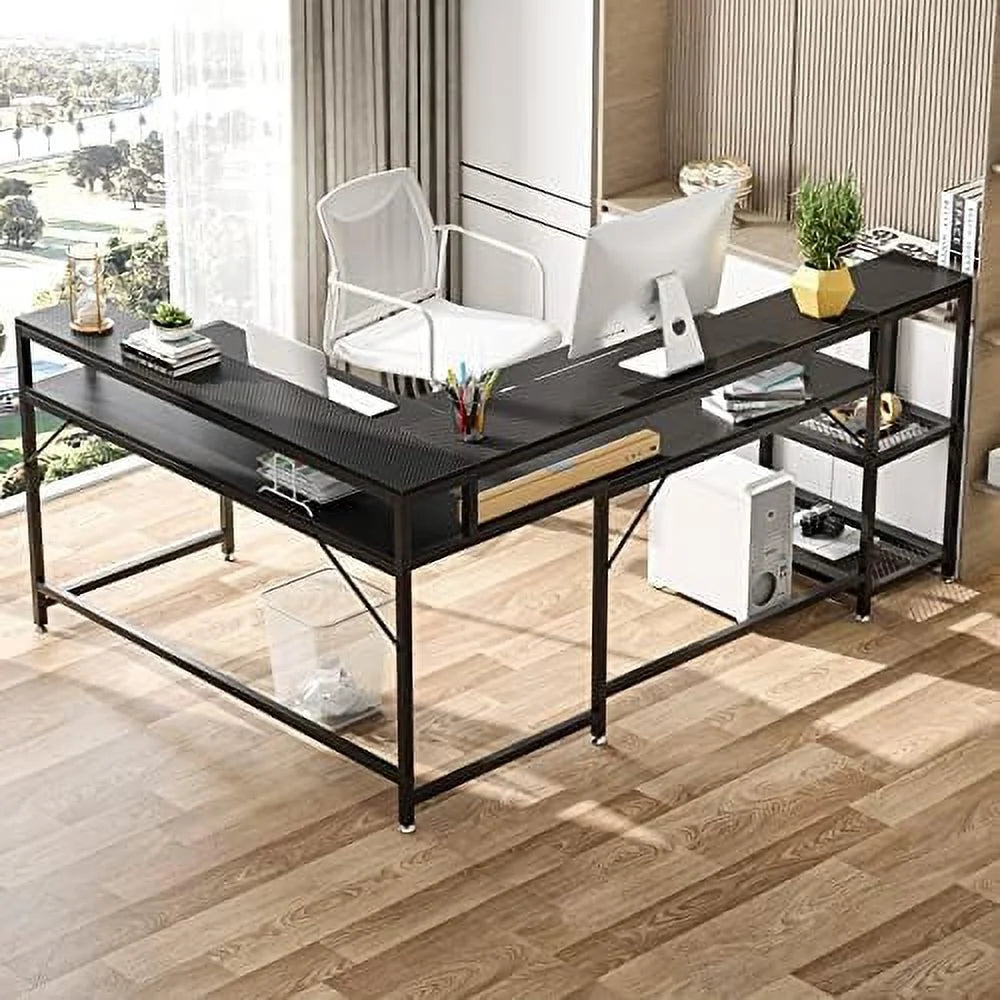 69 Inch L Shaped Desk with Monitor Stand Black H902