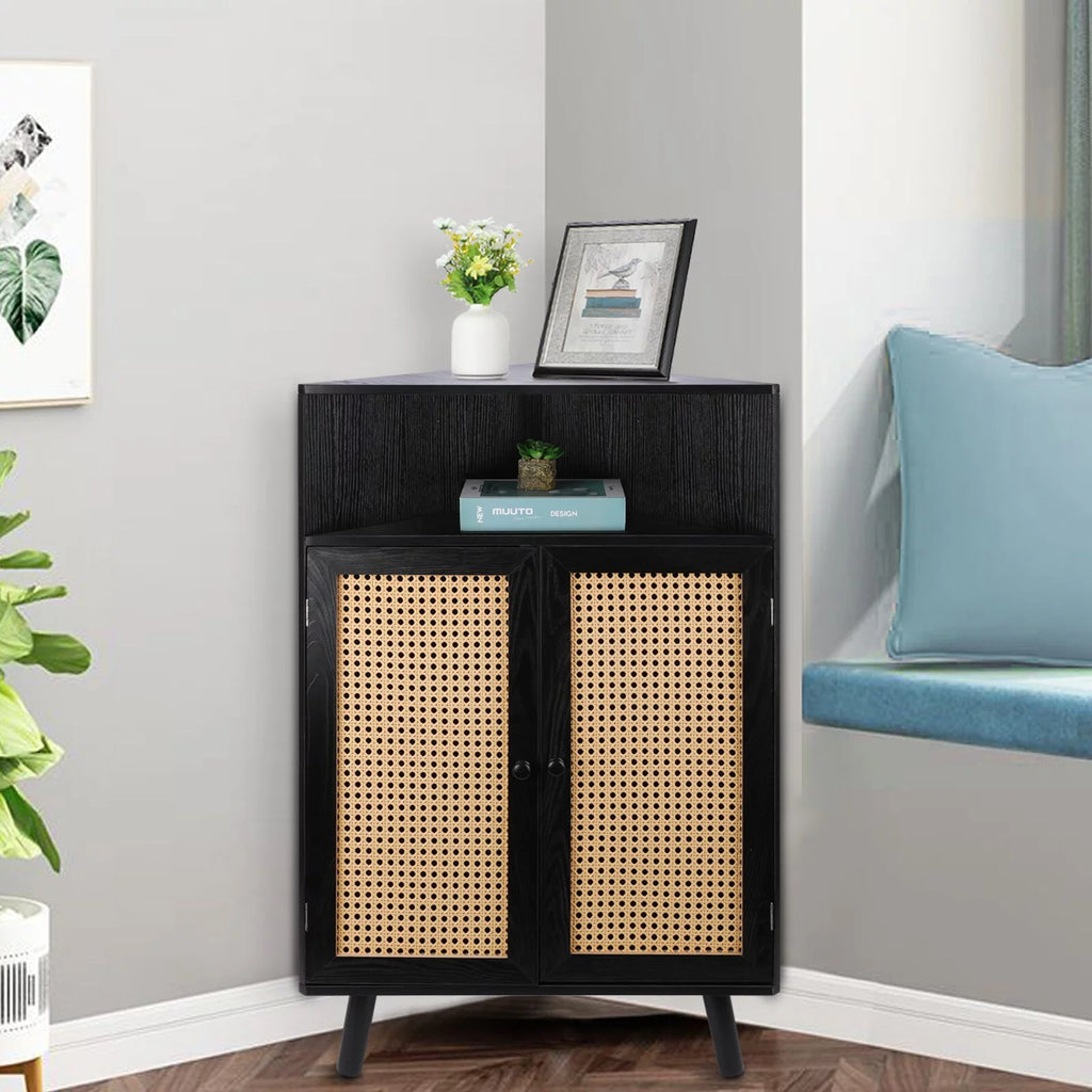 35" Tall Black Rattan Corner Storage Cabinet with Doors M59275
