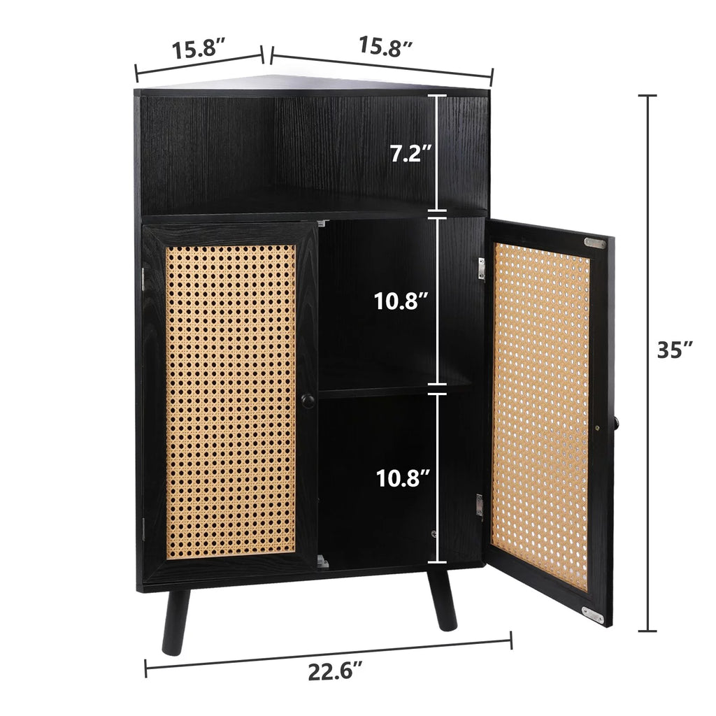 35" Tall Black Rattan Corner Storage Cabinet with Doors M59275