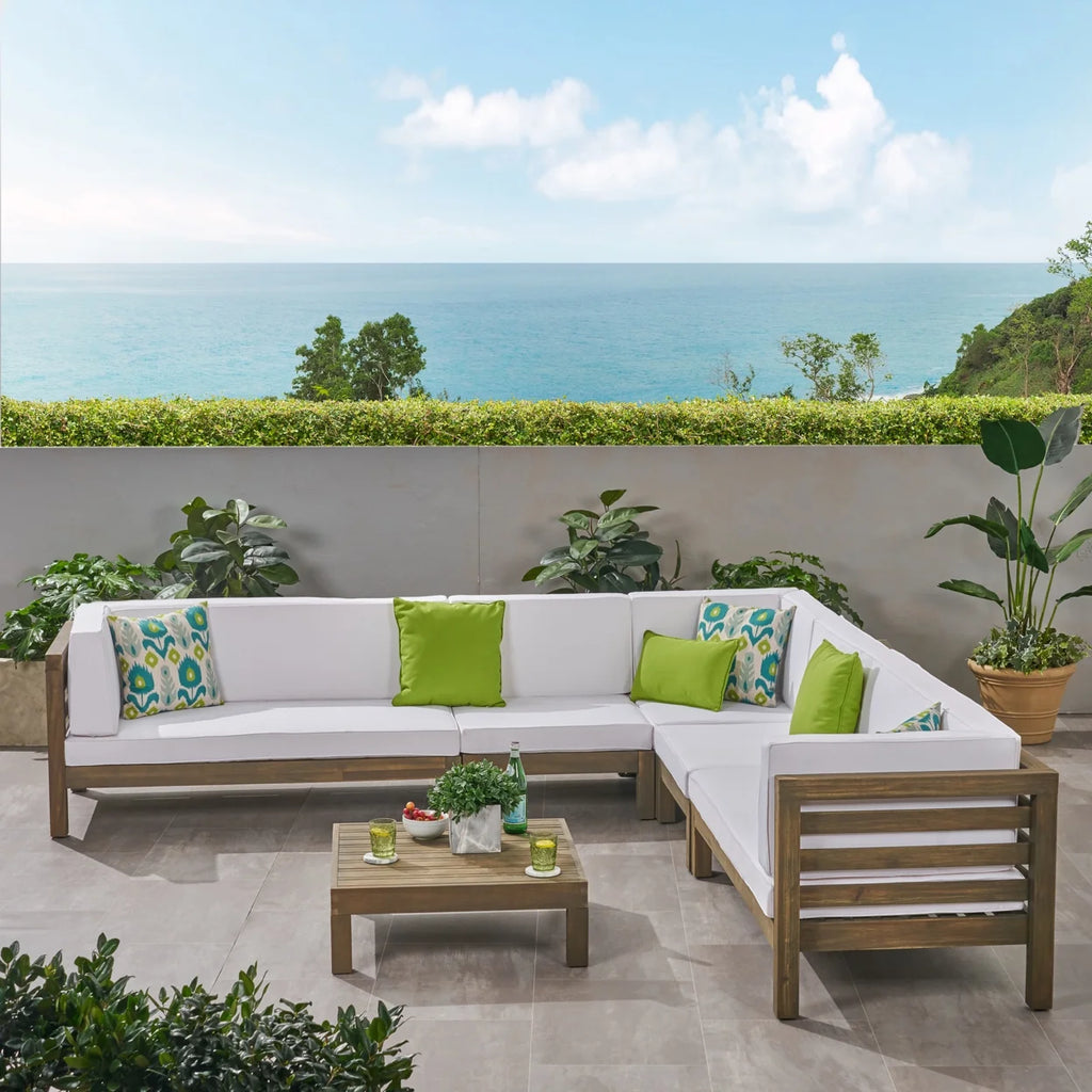 Acacia Wood 7 Seater Sectional Sofa with Cushions W91591