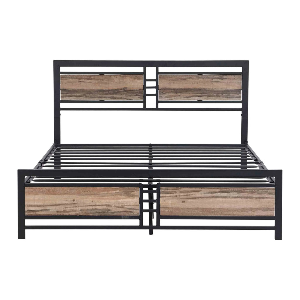 Queen Size Metal Platform Bed Frame with Wood Headboard and Footboard Y26434