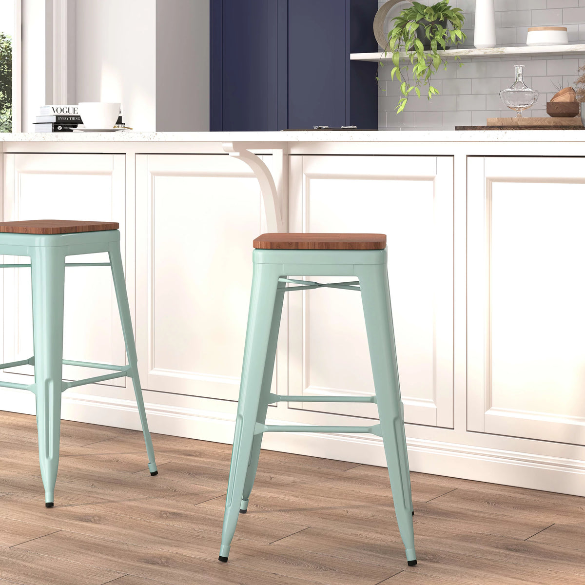 Backless Mint Green Barstool with Wood Seat E9884