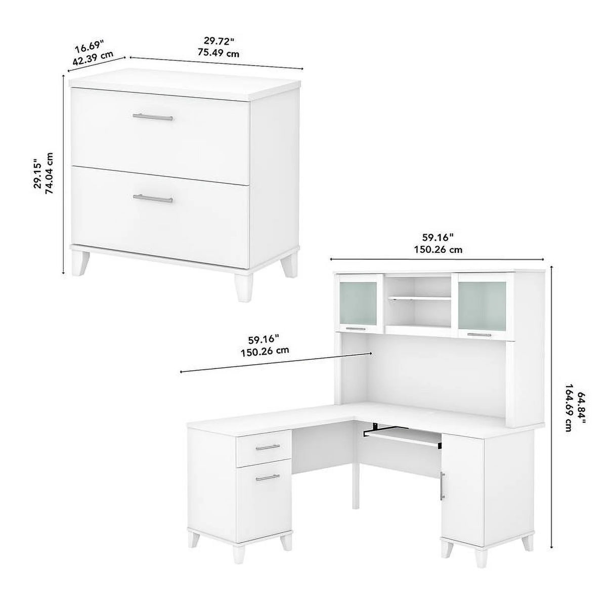 White L Shaped Desk with Hutch & File Cabinet H666213