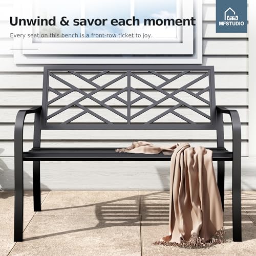 43.7 Inches Outdoor Garden Bench with Geometric Pattern Backrest, Black W29483