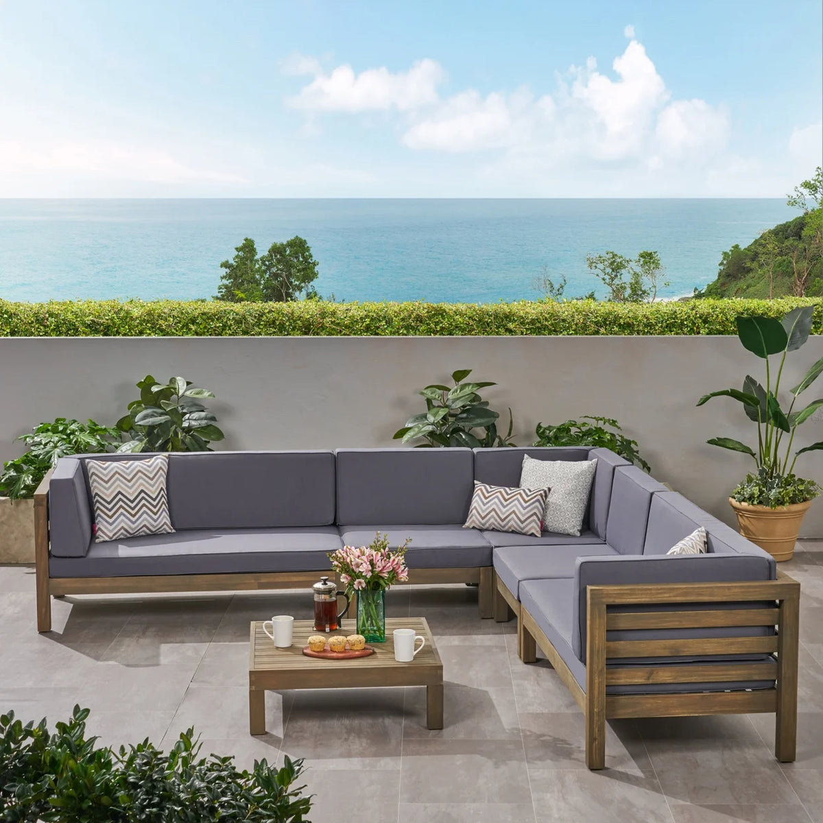Acacia Wood 7 Seater Sectional Sofa with Cushions W91591